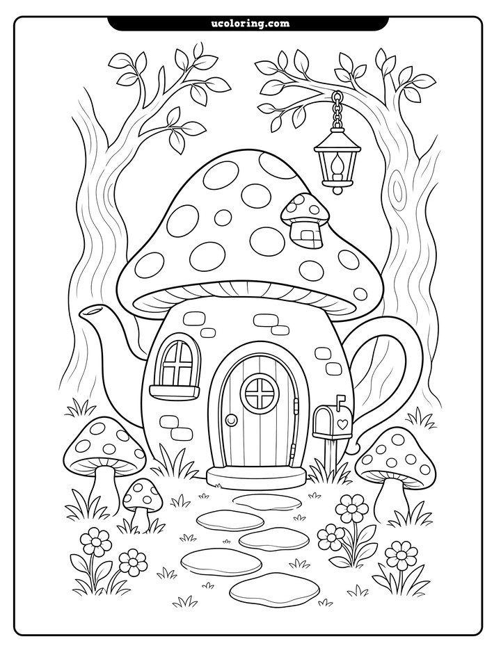 Teapot-shaped mushroom house with a spotted cap roof, path, flowers, mushrooms, trees, and lantern coloring page