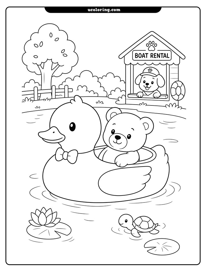 Teddy bear riding in a duck-shaped paddle boat on a pond near a rental hut coloring page