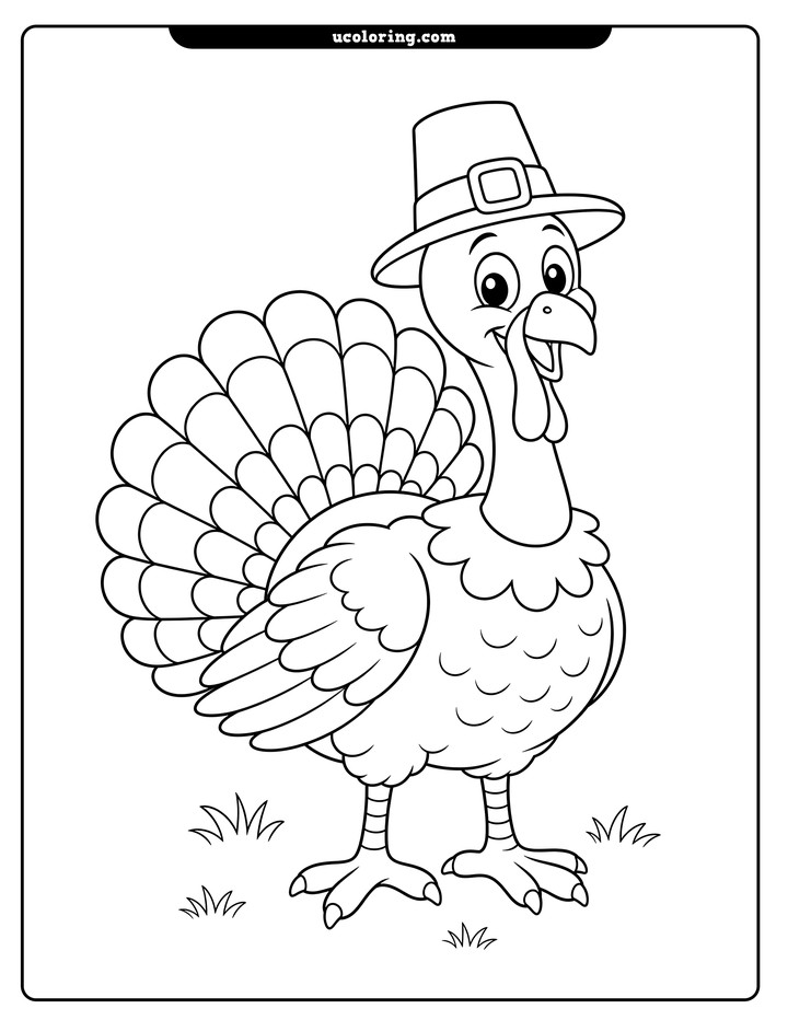 Cheerful upright Thanksgiving turkey wearing a pilgrim hat with a spread tail and grass tufts coloring page