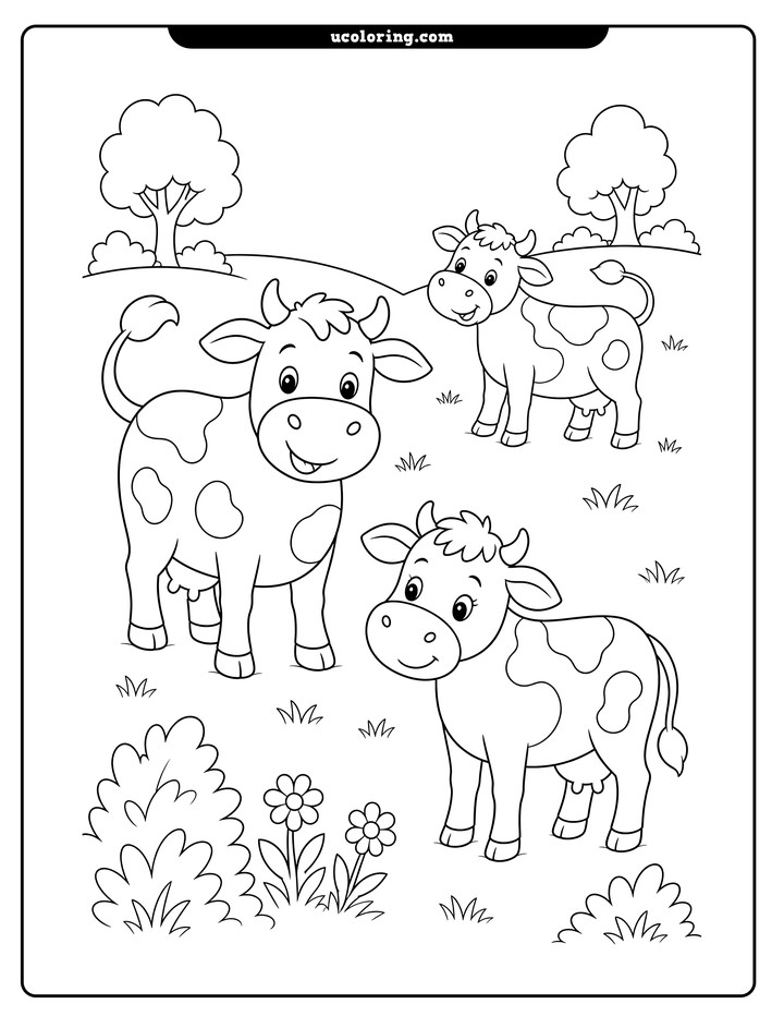 Three dairy cows in a rolling pasture with trees, shrubs, grass, and flowers coloring page