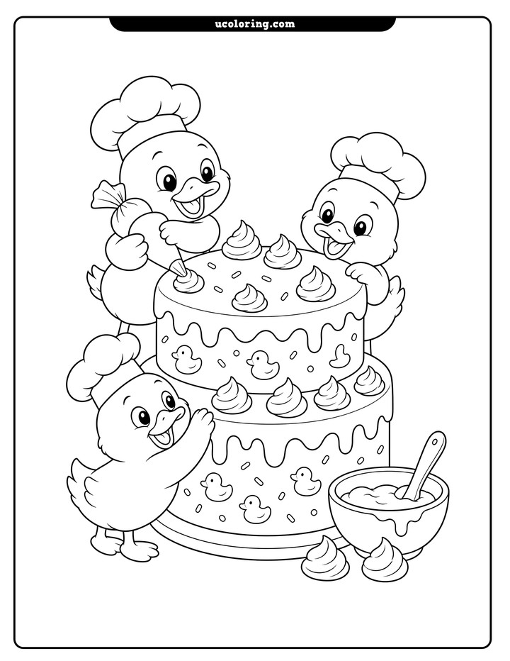 Three duck bakers decorate a tall two-tier iced celebration cake beside a mixing bowl coloring page