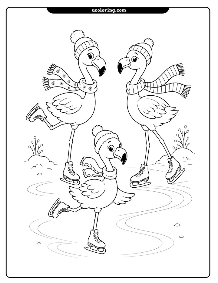 Three hat-and-scarf-wearing flamingos ice skating on a pond with curved skate marks coloring page