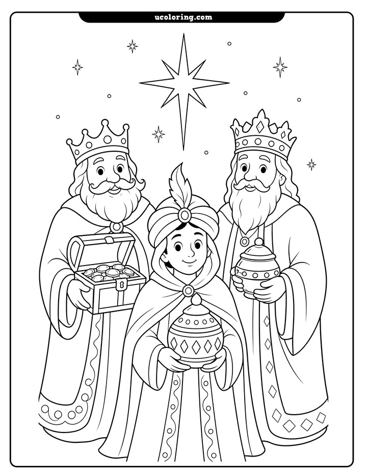 Three Magi hold gifts beneath a large Bethlehem star in a peaceful Nativity coloring page