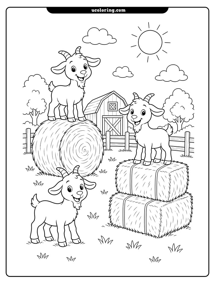 Three playful young goats on hay bales and grass with a barn, fence, trees, and clouds coloring page