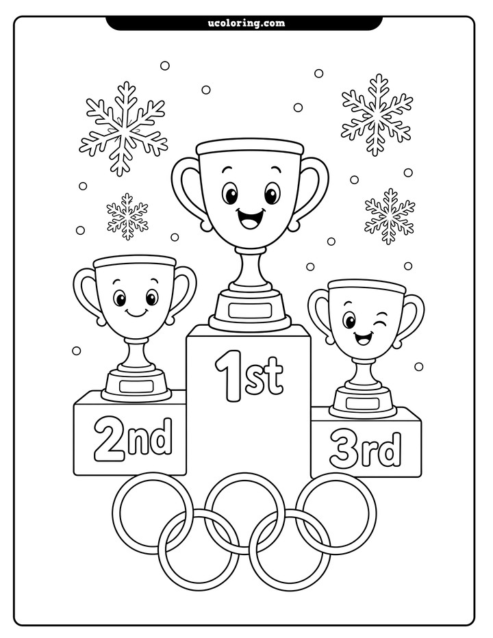 Three smiling trophies on a numbered Winter Olympics podium with interlocking rings and snowflakes coloring page