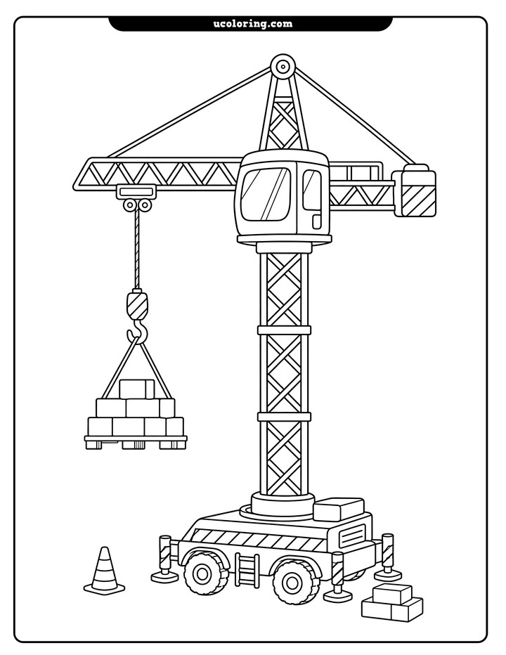 A tall tower crane with a wheeled base lifts a pallet of stacked construction blocks coloring page