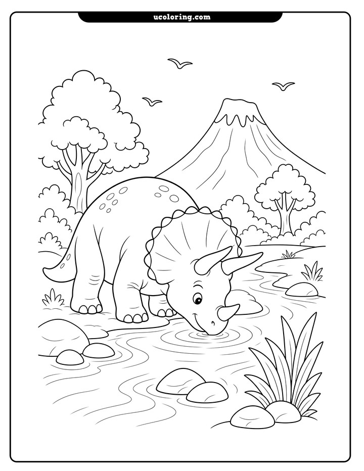 A friendly triceratops drinks from a stream beneath a distant snow-capped volcano coloring page