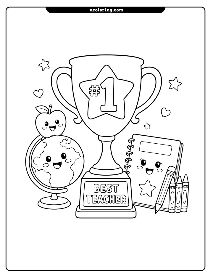 A trophy with a globe and apple, smiling notebook, pencil, and crayons coloring page