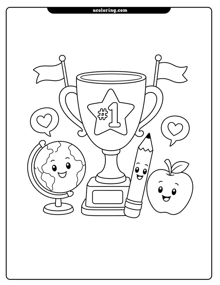 Trophy with a star and "#1," globe, pencil, apple, flags, and heart speech bubbles coloring page
