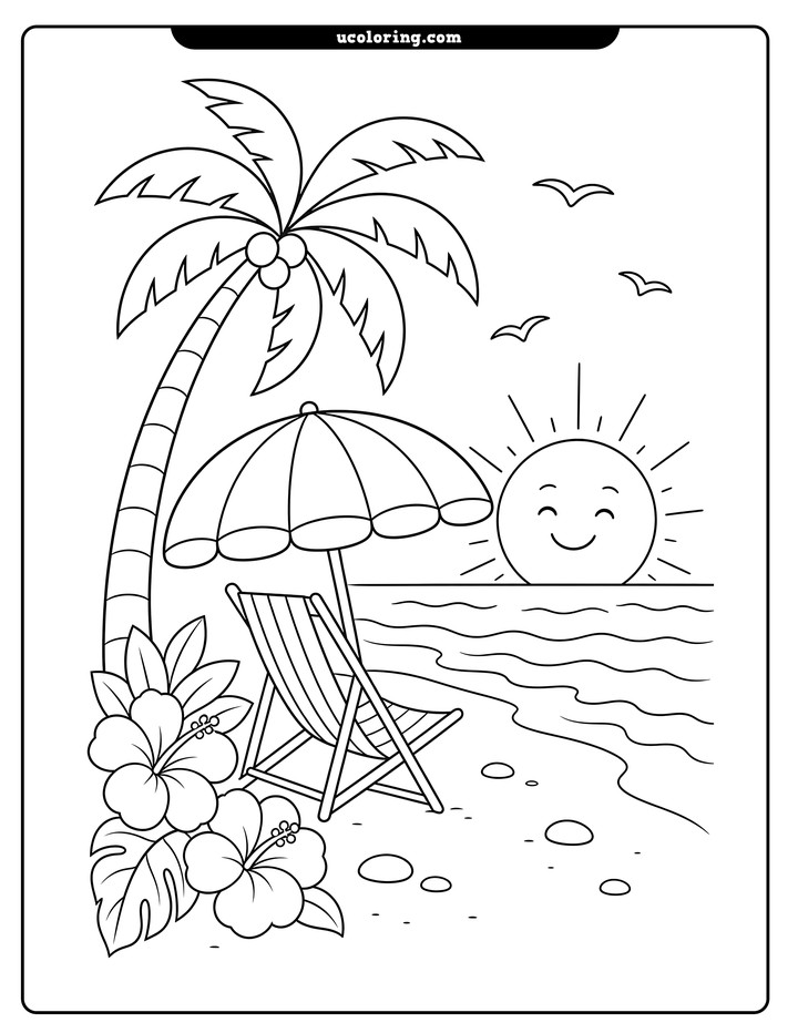 Tropical beach with a palm tree, umbrella, chair, flowers, pebbles, waves, sun, and seabirds coloring page