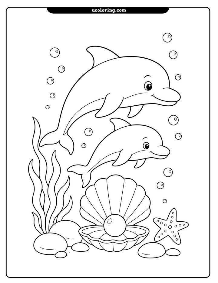 Two dolphins swim above an open seashell with a pearl, rocks, seaweed, a starfish, and bubbles coloring page