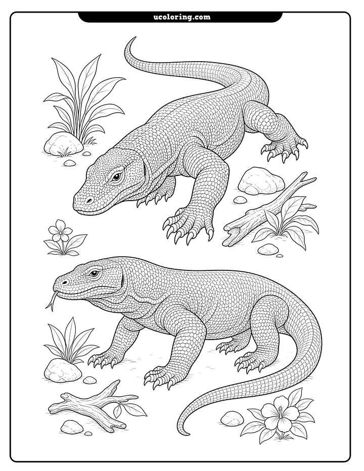 Two Komodo dragons walking among rocks, branches, leafy plants, and small flowers in tropical forest-floor line art coloring page