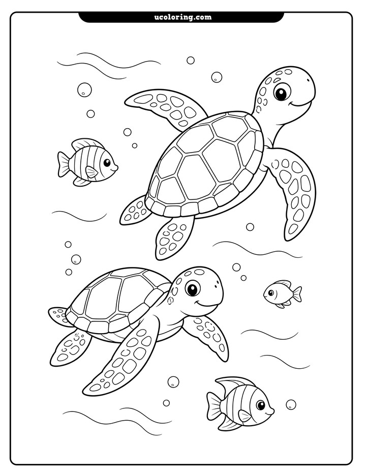 Two smiling sea turtles swim among tropical fish, bubbles, and wavy current lines on a coloring page
