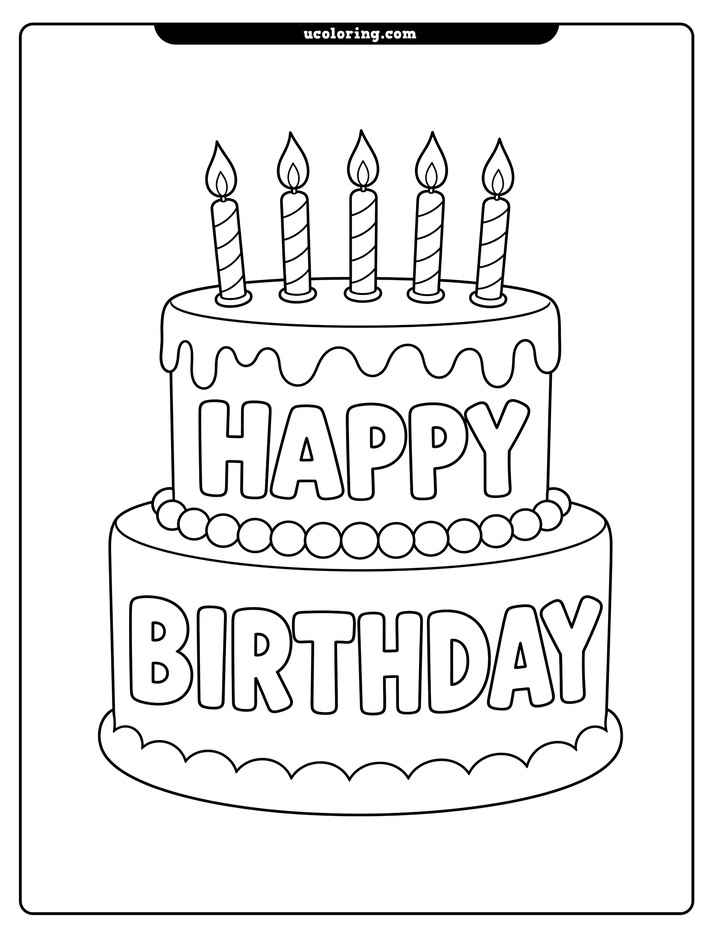 Two-tiered birthday cake with five lit candles and "HAPPY BIRTHDAY" lettering coloring page