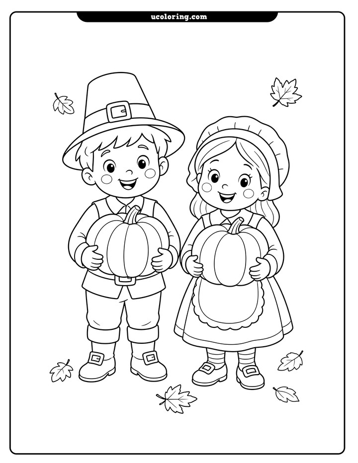 Two young pilgrims stand side by side holding large pumpkins, with a few autumn leaves coloring page