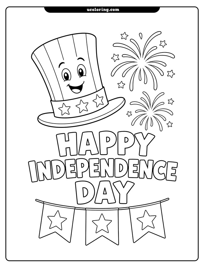 Uncle Sam-style star hat, fireworks, Independence Day lettering, and star pennant flags coloring page