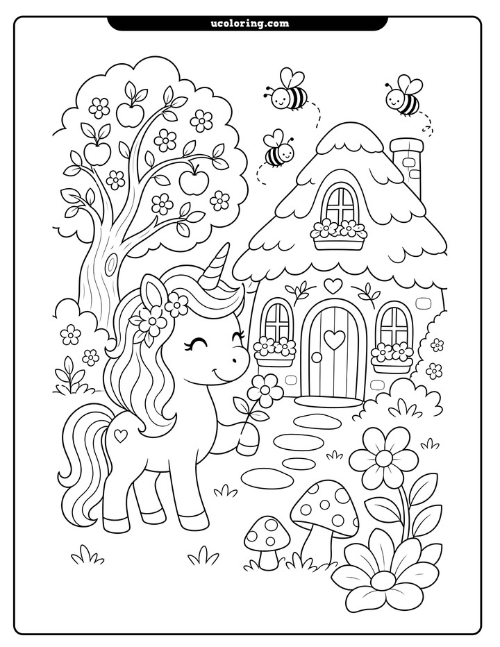 Cheerful unicorn holding a flower beside a whimsical cottage garden with a fruit tree, flowers, mushrooms, and bees coloring page