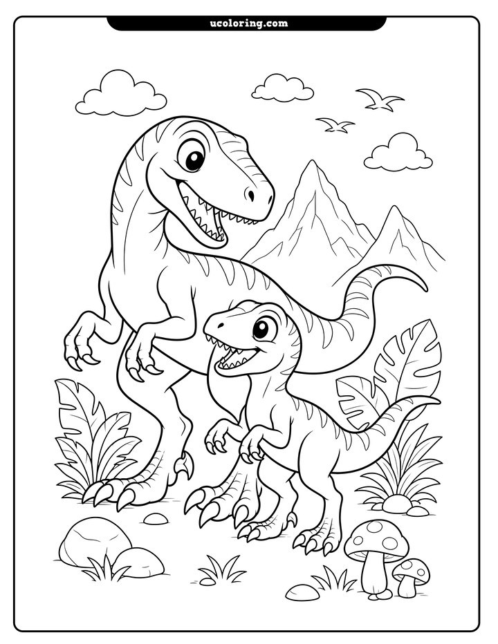 Adult and young velociraptors among jungle plants, rocks, mountains, clouds, and birds coloring page