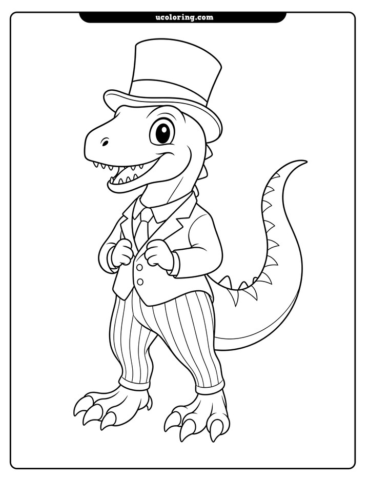 A smiling velociraptor in a top hat, suit jacket, necktie, and striped trousers coloring page