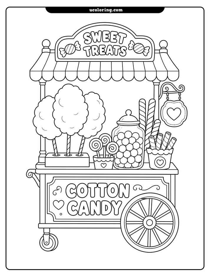 Vintage cotton candy cart with sweets, signs, and a large spoked wheel coloring page
