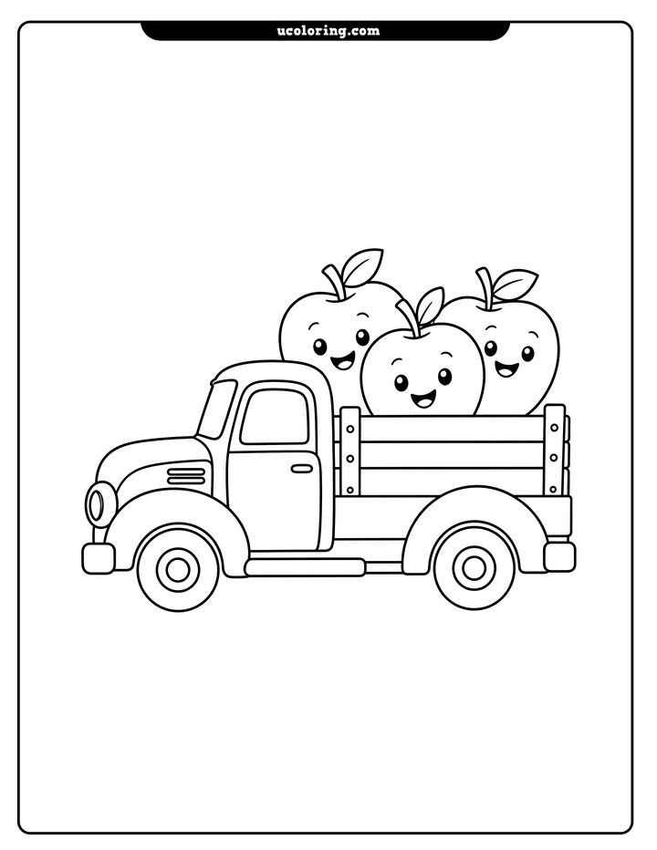 Side-view vintage pickup truck carrying three smiling apples coloring page