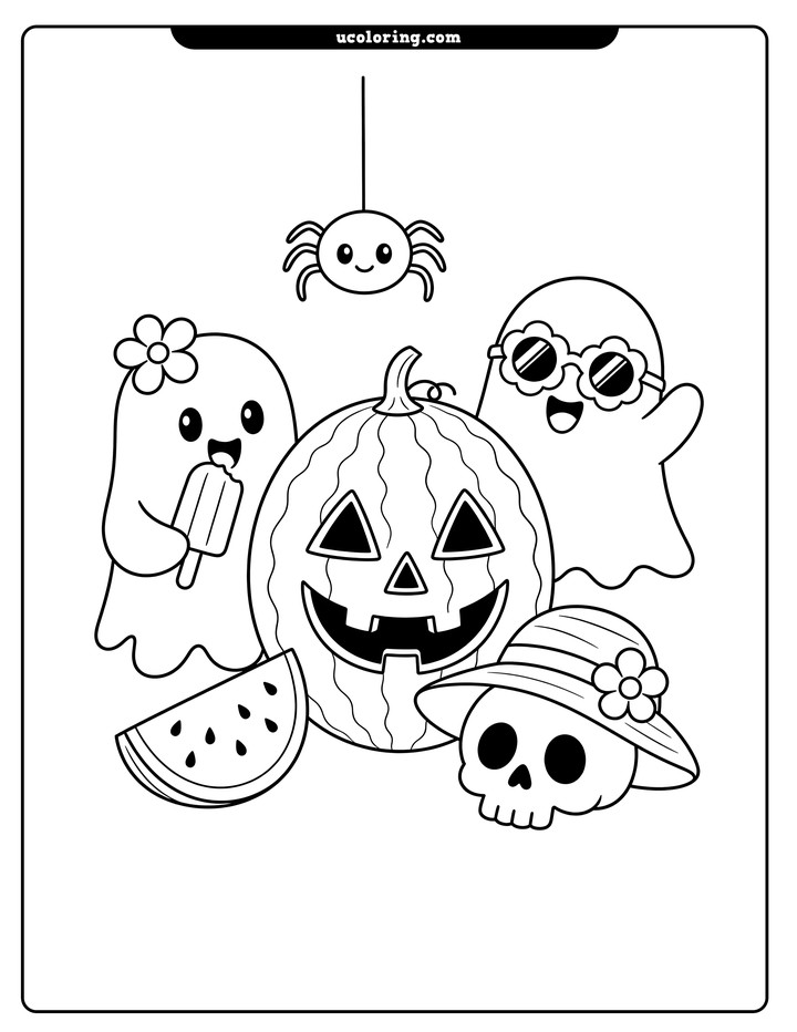 Watermelon jack-o'-lantern with two ghosts, a hanging spider, skull, popsicle, and watermelon slice coloring page