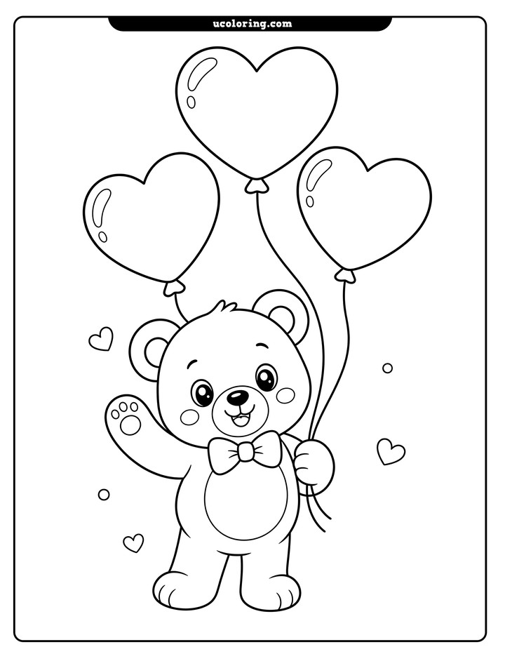 A waving teddy bear with a bow tie holds three heart-shaped balloons coloring page