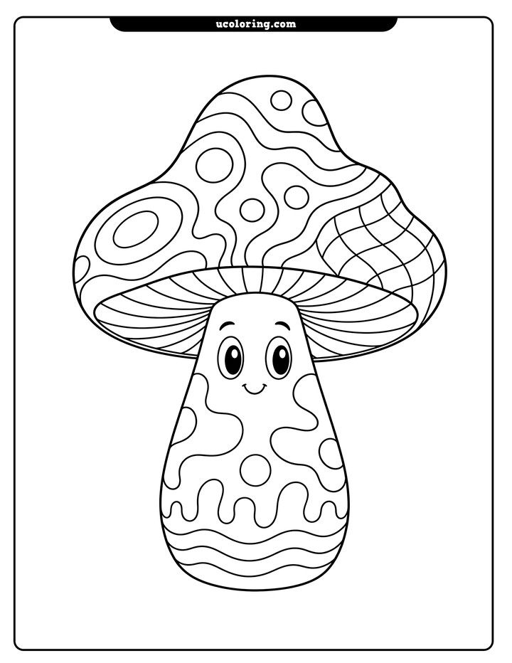 Centered smiling mushroom character with psychedelic cap and stem patterns coloring page