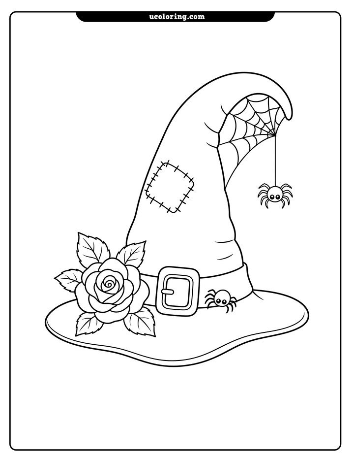 Whimsical witch hat with a rose, spider web, and two spiders coloring page