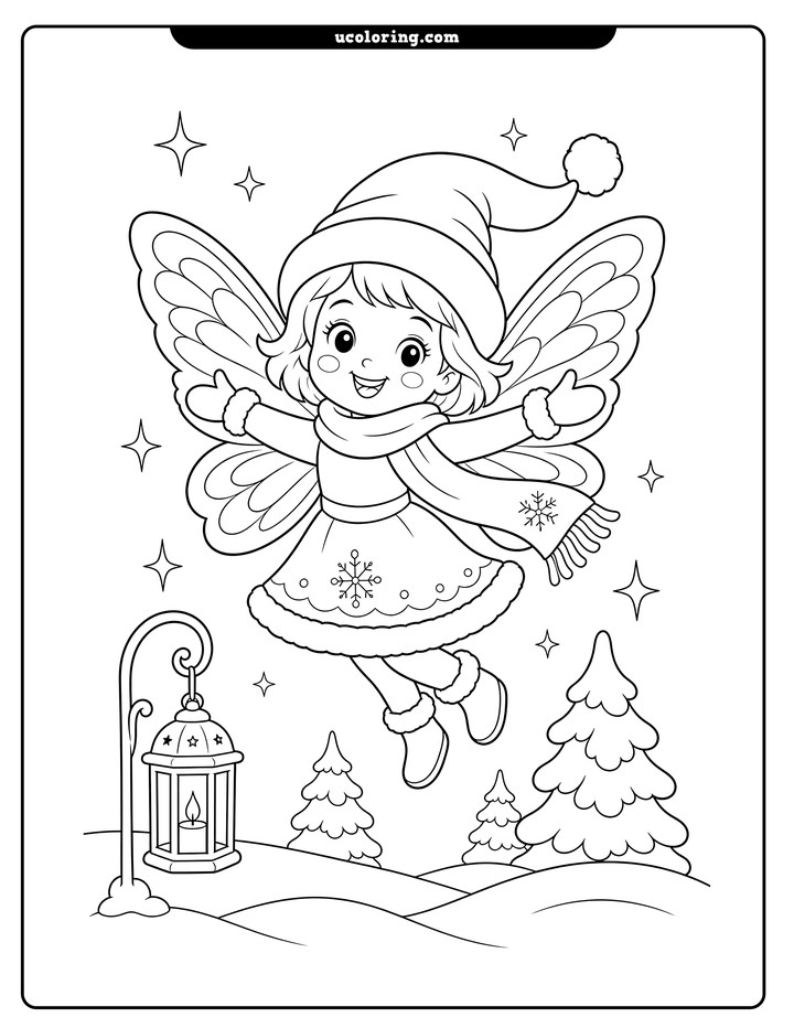 A smiling winter fairy with layered wings, stars, snowy hills, evergreen trees, and a hanging lantern coloring page