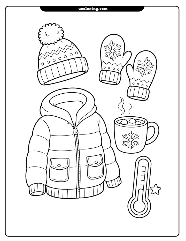 Winter jacket, pom-pom hat, mittens, hot cocoa, and thermometer in bold line art coloring page