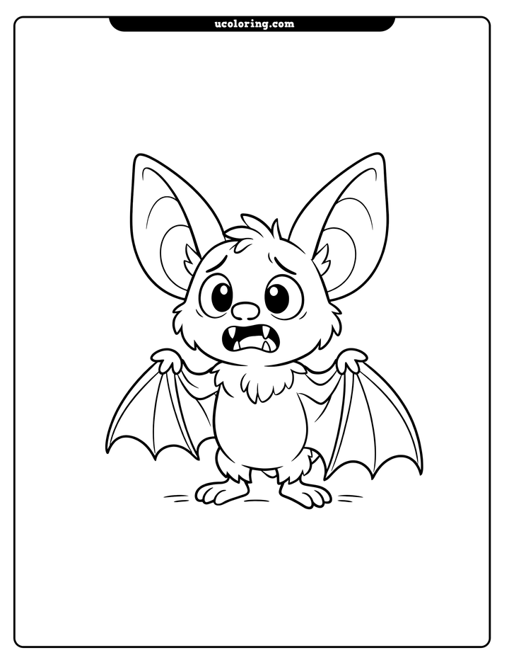 Worried little cartoon bat standing with both wings spread