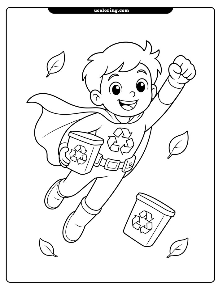Young eco-superhero flying with two recycling bins, a cape, and floating leaves coloring page