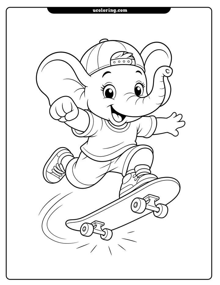 Young elephant in a cap, shirt, shorts, and sneakers skateboarding through the air coloring page