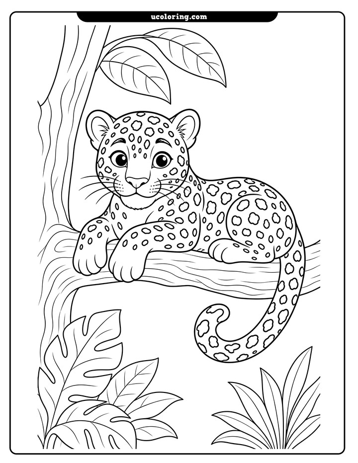 A spotted young jaguar resting on a tree branch among simple jungle leaves coloring page