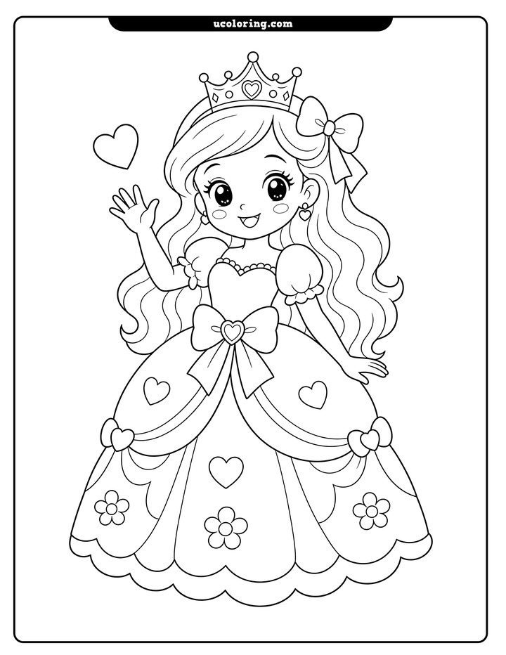 A smiling young princess in a jeweled crown and detailed ball gown waves beside a floating heart coloring page