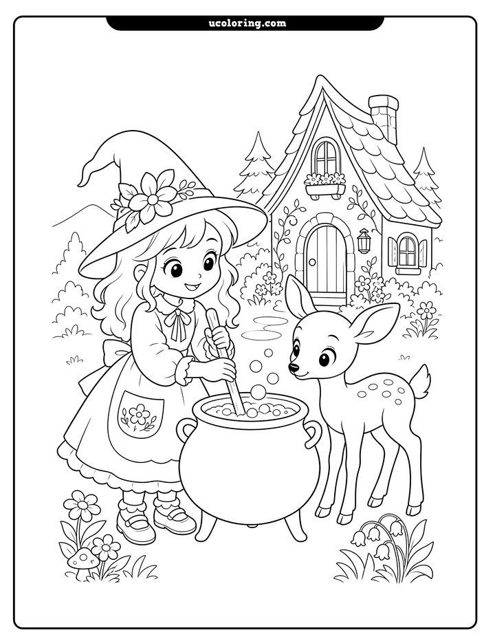 Young witch stirring a bubbling cauldron beside a spotted deer and storybook cottage coloring page