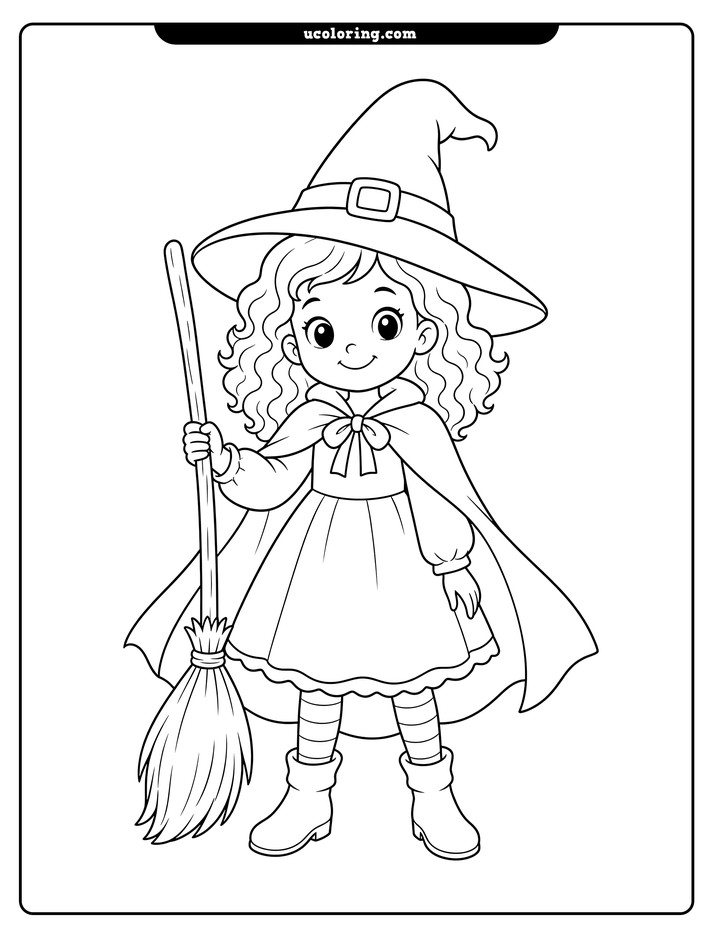 A smiling young witch in a pointed hat and cape holds an upright broomstick coloring page