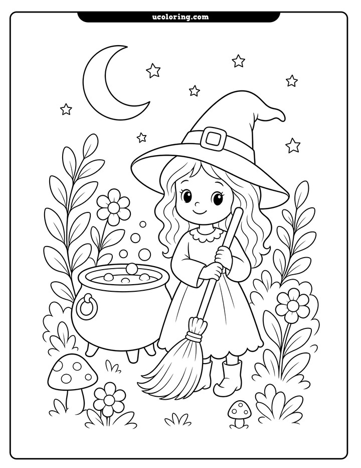 Young witch holding a broom beside a bubbling cauldron in a moonlit garden coloring page